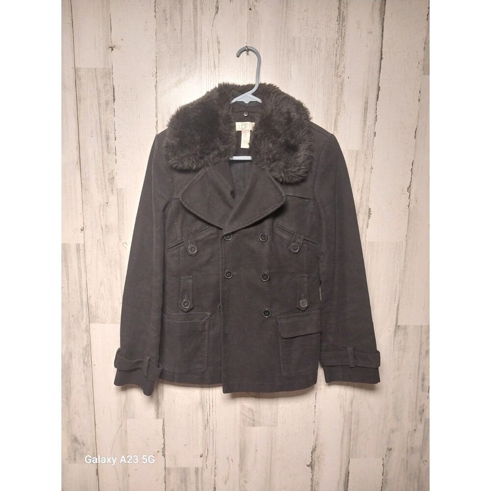 LOFT Women’s Size 2 Black Double Breasted Peacoat With Removable Faux Fur Collar